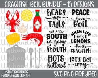 Crawfish Boil Svg Bundle, Crawfish Svg, Corn Svg, Crawfish Png, Crawfish Boil Png, Seafood Svg, Hot Sauce Svg, Garlic Svg, Lets Get Cray Svg