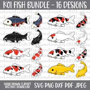 Pode incluir: Uma coleção de 16 designs de peixes koi em várias cores e padrões. As ilustrações de peixes incluem koi vermelhos, pretos, brancos e amarelos. O texto na parte superior diz "KOI FISH BUNDLE - 16 DESIGNS".