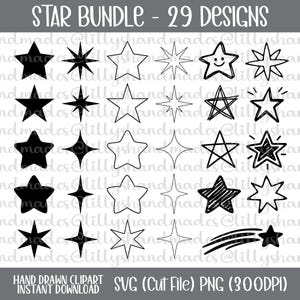 Pode incluir: Uma coleção digital intitulada STAR BUNDLE - 29 DESIGNS apresentando várias ilustrações de estrelas em preto e branco. O conjunto inclui formas de estrelas sólidas, contornadas, esboçadas e cintilantes, além de uma estrela cadente.