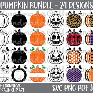 May include: A collection of 24 pumpkin designs in various styles. The pumpkins include solid colors, outlines, and patterns like leopard print and plaid. Text at the top reads "PUMPKIN BUNDLE - 24 DESIGNS". Below, it says "INSTANT DOWNLOAD HAND DRAWN CLIP ART" and "SVG PNG PDF JPEG".