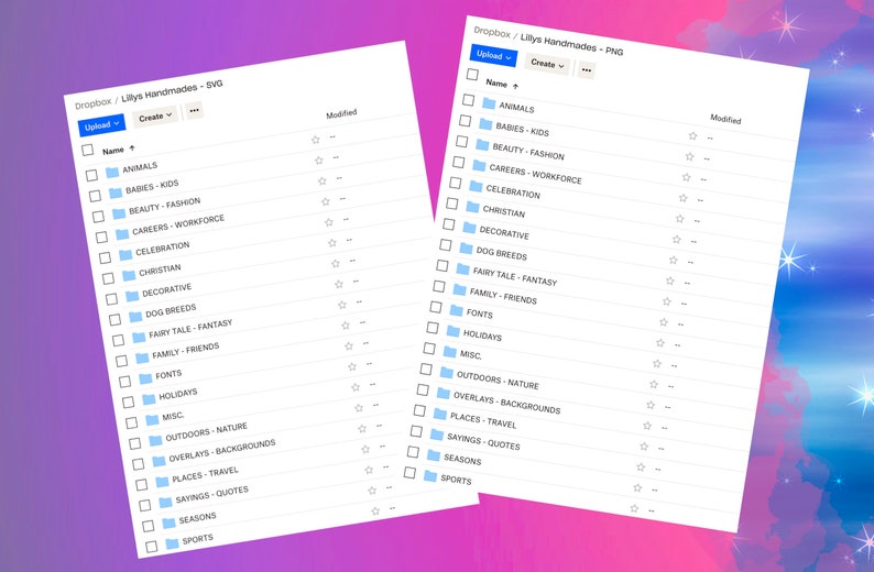 Puede incluir: Captura de pantalla de una pantalla de ordenador que muestra un sistema de gesti&oacute;n de archivos con una lista de carpetas. Las carpetas est&aacute;n organizadas por categor&iacute;a, como animales, beb&eacute;s, belleza, etc. Las carpetas est&aacute;n etiquetadas con un icono de estrella para indicar que se han modificado.