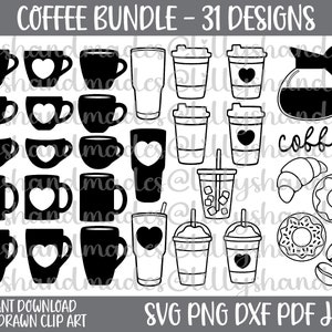 Lot de café Svg, tasse à café Svg, tasse à café Svg, clipart café, café en grains Svg, cafetière Svg, gobelet Svg thé Svg, clipart tasse à café