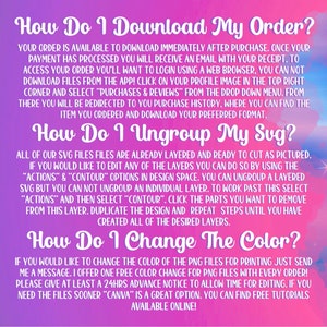 May include: A pink and blue watercolor background with white stars. Text on the image reads: "How Do I Download My Order?", "How Do I Ungroup My Svg?", and "How Do I Change The Color?"