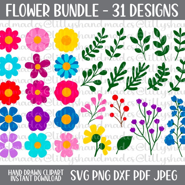 Flower Clipart, Layered Flower Svg Bundle, Flower Png, Flowers Svg, Flowers Clipart, Flowers Png, Flower Bundle Svg, Leaves Svg