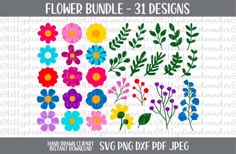 May include: A set of 31 hand-drawn flower and leaf clip art designs. The designs are in a variety of colors, including red, pink, blue, yellow, and green. The designs are perfect for use in crafting, scrapbooking, and other creative projects.