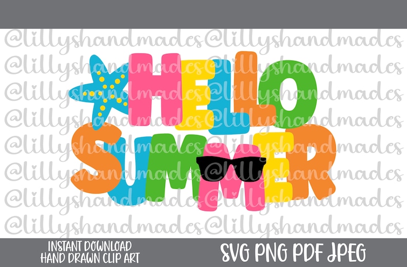 Puede incluir: Dise&ntilde;o gr&aacute;fico colorido con el texto "Hello Summer" en un arco&iacute;ris de colores. Una estrella de mar amarilla y gafas de sol est&aacute;n incluidas en el dise&ntilde;o.