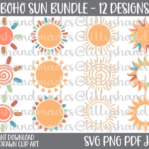 May include: A set of 12 hand-drawn boho sun clip art designs in SVG, PNG, PDF, and JPEG formats. The suns are in various styles, including a simple sun with rays, a sun with a spiral design, and a sun with a colorful border.