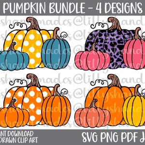May include: Four sets of three pumpkins with different patterns. The first set has yellow pumpkins with white polka dots, the second set has purple pumpkins with a leopard print, the third set has orange pumpkins with white polka dots, and the fourth set has orange pumpkins with yellow polka dots.
