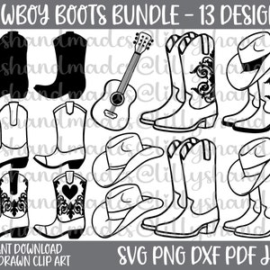 Cowboylaarzen Svg bundel, Cowboy Boot Svg, Gitaar Svg, Cowboyhoed Svg, Cowboylaarzen Png, Cowboylaars Png Cowboylaarzen Clipart, Cowboyhoed Png