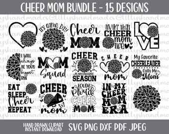 May include: A set of 15 black and white cheer mom SVG designs. The designs include phrases like "Cheer Mom", "It's Game Day", "My Favorite Cheerleader Calls Me Mom", and "Loud & Proud Cheer Mom".
