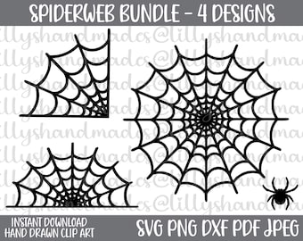 May include: A digital graphic set titled SPIDERWEB BUNDLE - 4 DESIGNS featuring black line art of three distinct spiderweb shapes and one small spider. The text includes INSTANT DOWNLOAD HAND DRAWN CLIP ART and SVG PNG DXF PDF JPEG.