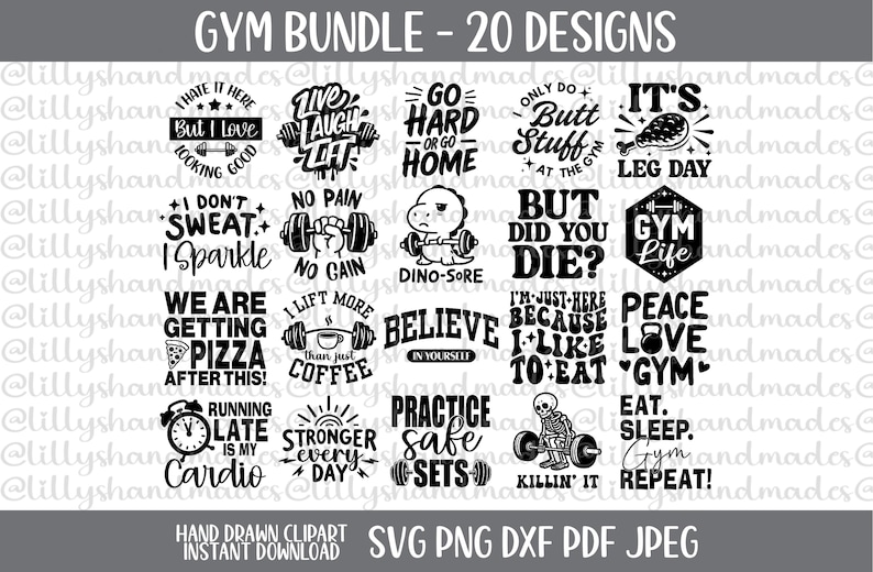 Pu&ograve; includere: Un download digitale in bianco e nero di 20 design a tema palestra. I design presentano citazioni motivazionali e illustrazioni relative al fitness, al sollevamento pesi e all'allenamento. Alcune delle citazioni includono "Odio essere qui, ma adoro avere un bell'aspetto", "Vivere Ridere Sollevare", "Niente dolore, niente guadagno", "Andremo a prendere la pizza dopo questo", "Sollevo pi&ugrave; del solo caff&egrave;", "Credi in te stesso", "Pratica set sicuri", "Sono qui solo perch&eacute; mi piace mangiare", "Pace amore palestra", "Mangiare. Dormire. Palestra. Ripetere!"