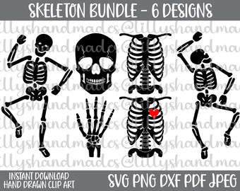 Puede incluir: Un conjunto gráfico digital titulado SKELETON BUNDLE - 6 DESIGNS con siluetas negras de dos esqueletos bailando, un cráneo humano, una mano, una caja torácica y una caja torácica con un pequeño corazón rojo. El texto dice INSTANT DOWNLOAD HAND DRAWN CLIP ART.
