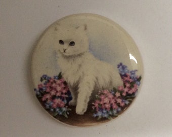 Ceramic  Stone Hand Rolled Cigarette Holder White Cat and Forget Me Not Flower Design Glazed Kiln Fired