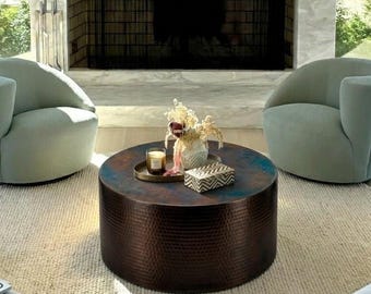 Bactericidal Hammered Copper Drum Style Coffee Table | Industrial Chic Center Table Metallic Surfaces