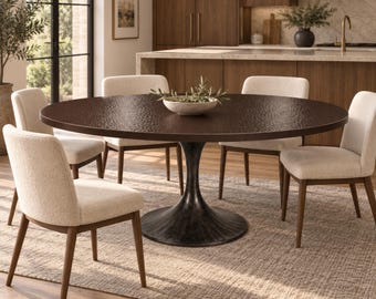 Handmade Oval Kitchen Dining Table: Artisan Made Copper Top, Designers Tulip Pedestal, Antimicrobial Surface