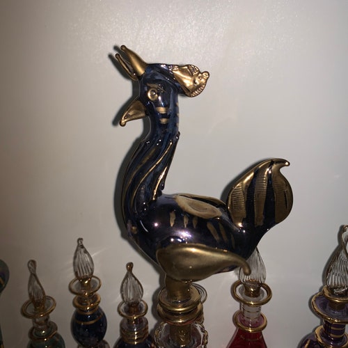 ROOSTER, GOLD, RARE, and authentic other Egyptian Perfume Bottles, with gold accents. Vintage Egyptian And Italian Murano Glass Perfume Bottles.