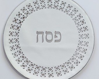 Sophisticated White Leather Matzah Cover with Silver Diamond Design - Modern Judaica for Elegant Passover Seder