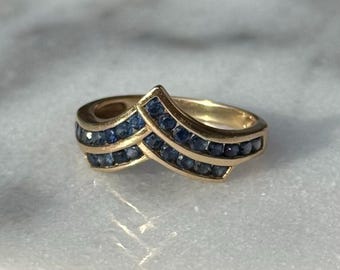 14kt Gold V Shape Band with Channel Set Blue Sapphire Ring