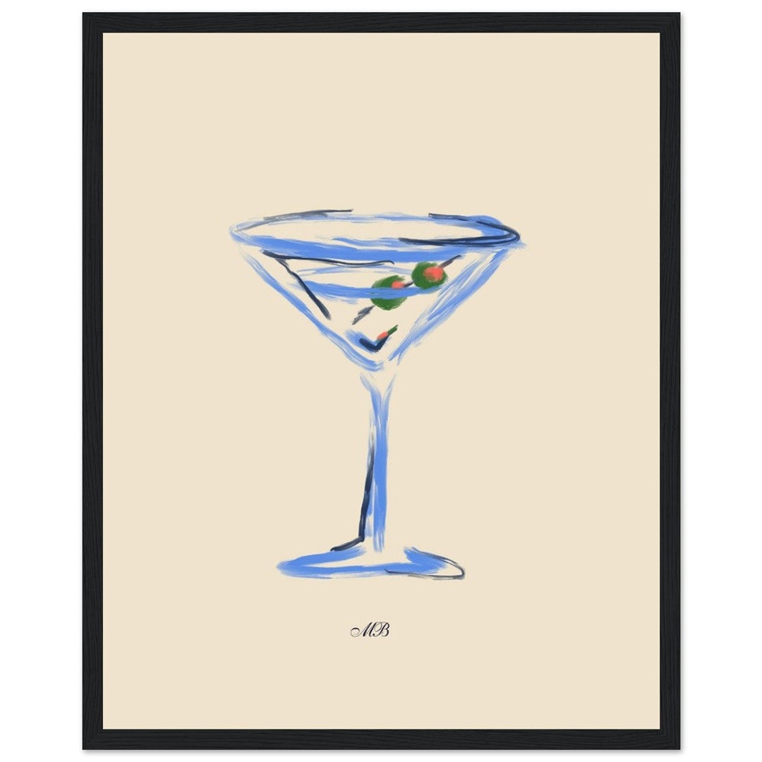 Framed Martini Glass Art Print Blue With Olives Premium Matte Paper