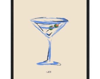 Framed Martini Glass Art Print Blue with Olives Premium Matte Paper Poster Original Art Print