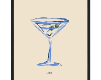 May include: A blue and white illustration of a martini glass with two green olives. The background is a light beige color. The signature "MCB" is at the bottom of the image.