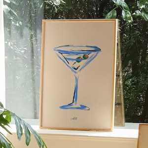 Martini Glass Art Print Blue with Olives Premium Matte Paper Poster Original Art Print