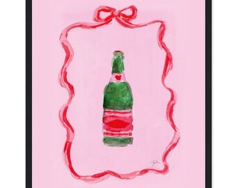 Framed Champagne Bottle with Pink and Red Label and Red Ribbon with Bow Premium Matte Paper Wooden Framed Poster Original Art Print