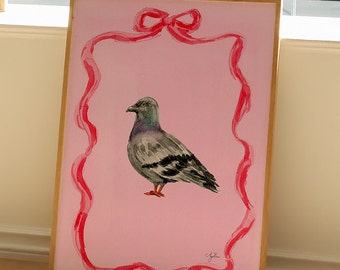 Pigeon Love Bird Ribbon Pink and Red Bow Valentine's Premium Matte Paper Poster Original Art Print