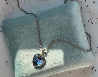 Vintage Sterling Silver Iridescent Palm Tree Heart Pendant Necklace