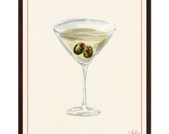 Martini Glass with Olives Original Watercolor Painting Print Illustration Premium Matte Paper Wooden Framed Poster Original Art Print