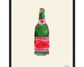 Framed Champagne Bottle with Pink and Red Label Illustration Premium Matte Paper Wooden Framed Poster Original Art Print