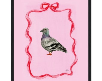 Framed Pigeon Love Bird Ribbon Pink and Red Bow Valentine's Premium Matte Paper Wooden Framed Poster Original Art Print