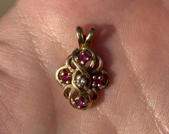 14kt Solid Gold Pendant Charm with Diamond Center and 4 Small Rubies Vintage Estate Curve Design