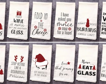 Paquete de toallas de cocina de Christmas SC: elija 2 de 12 citas: le pregunté tres veces, doble el regalo de inauguración de la casa con queso, regalo de Navidad