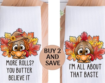 Fall Thanksgiving Kitchen Towel Funny Turkey Couple, Happy Thanksgiving Kitchen Décor, Hostess Gifts, Family Gatherings, Let's Get Basted