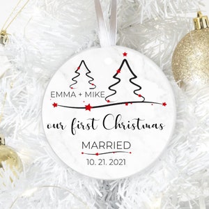 Our First Christmas Married with Name and Date Porcelain Ceramic Christmas Ornament, Wedding Ornament, Christmas Gift., Couples Gift, Bride
