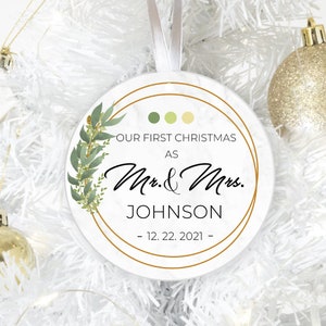 Our First Christmas Married with Name and Date Porcelain Ceramic Christmas Ornament, Wedding Ornament, Christmas Gift., Couples Gift, Bride