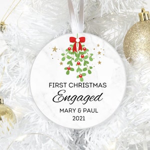 Our First Christmas Engaged with Name and Date Porcelain Ceramic Christmas Ornament, Wedding Ornament, Christmas Gift., Couples Gift, Bride