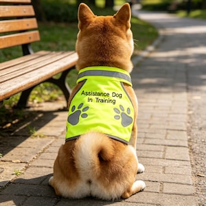 Puede incluir: Un perro Shiba Inu con un chaleco amarillo brillante con el texto "Perro de asistencia en entrenamiento" y huellas de patas. El perro está sentado en un camino de ladrillos en un parque, de espaldas a la cámara.