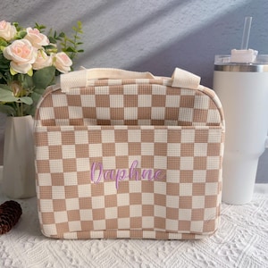 Personalized Checkerboard Lunchbox Bag, Embroidered Name Corduroy Lunch Bag, Insulated Lunch Bag, Reusable Lunch Bag, Gifts for Daughter