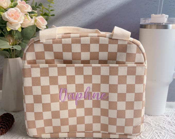 Personalized Checkerboard Lunchbox Bag, Embroidered Name Corduroy Lunch Bag, Insulated Lunch Bag, Reusable Lunch Bag, Gifts for Daughter