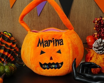 Personalized Halloween Basket, Custom Embroidered Name Pumpkin Tote Bag, Halloween Trick or Treat Bag,Spooky Season Tote Bag, Gift for Child