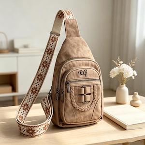 May include: A tan sling bag with a textured finish, featuring a front zippered pocket with the letters RG embroidered in black. The bag includes a wide, adjustable shoulder strap decorated with a repeating white and brown floral pattern.