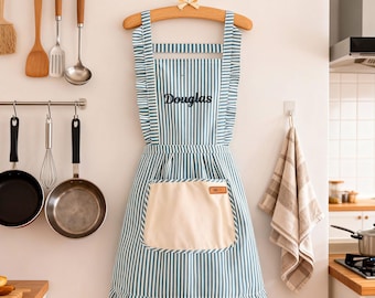 Custom Embroidered Apron with Name, Personalized Striped Ruffle Kitchen Apron, Striped Apron With Pockets, Baking Apron, Mother's Day Gifts