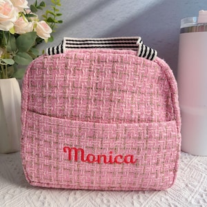 Personalized Tweed Lunch Bag With Embroidered Name, Custom Lunch Tote for Girls, Insulated Food Bag, Office Cooler Tote,Back to School Gifts