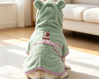 Personalized Dog Bath Robe With Embroideried Name, Custom Pet Post Bath Robe, Cute Puppy Towel Robe, Swimming Essential For Pets, Pet Gifts