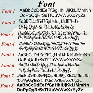May include: A graphic showcasing eight different font styles, each with a sample of uppercase and lowercase letters. The word "Font" is at the top. Each font is labeled with a number and the corresponding alphabet.