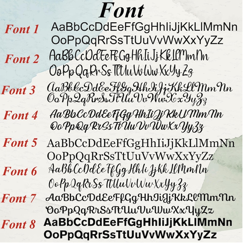 May include: A graphic showcasing eight different font styles, each with a sample of uppercase and lowercase letters. The word "Font" is at the top. Each font is labeled with a number and the corresponding alphabet.