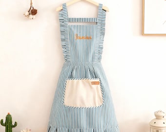 Personalized Embroidered Apron with Name, Custom Striped Ruffle Kitchen Cooking Apron, Cute Apron for Women, Baking Apron, Gifts for Women